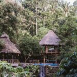A secluded villa with a wooden patio and pool surrounded by trees