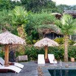 Loungers beside a swimming pool at a resort surrounded by green plants